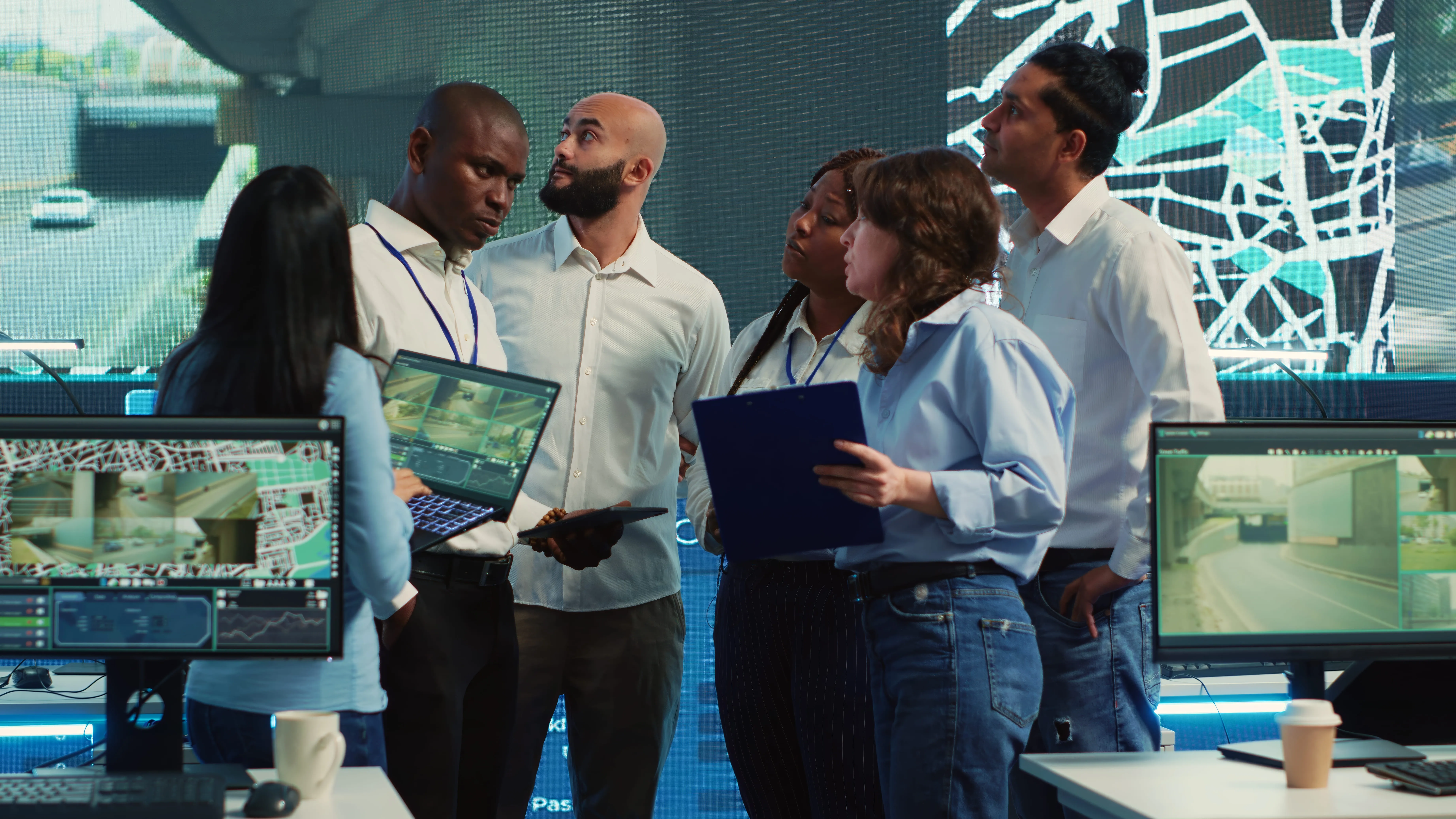 equipa-diversificada-de-funcionarios-unindo-forcas-para-guiar-caminhoes-de-entrega