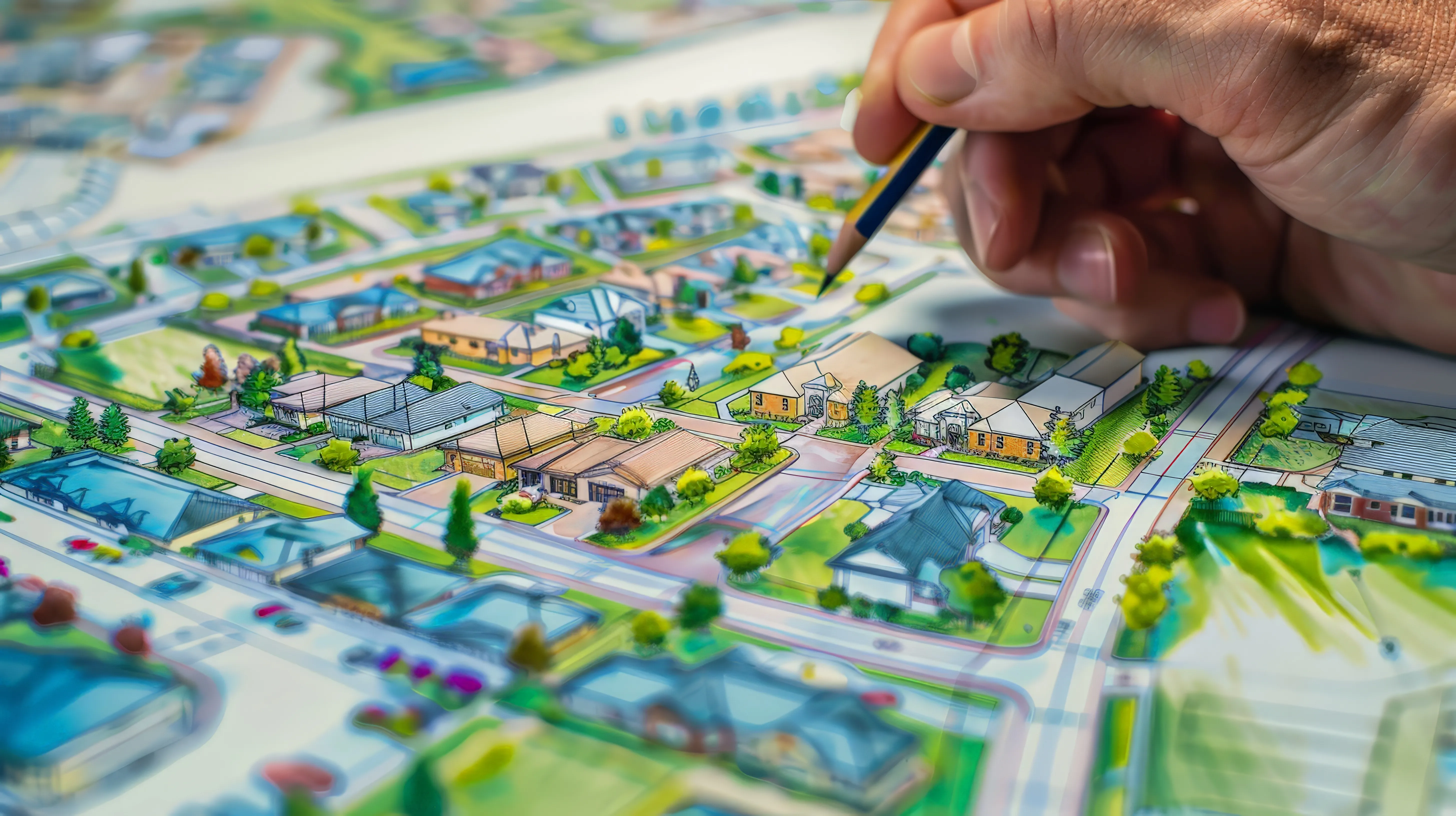 mostre-um-arquiteto-redigindo-um-plano-diretor-detalhado-para-um-bairro-residencial-destacando-integracao-de-centros-comunitarios-escolas-e-instalacoes-recreativas